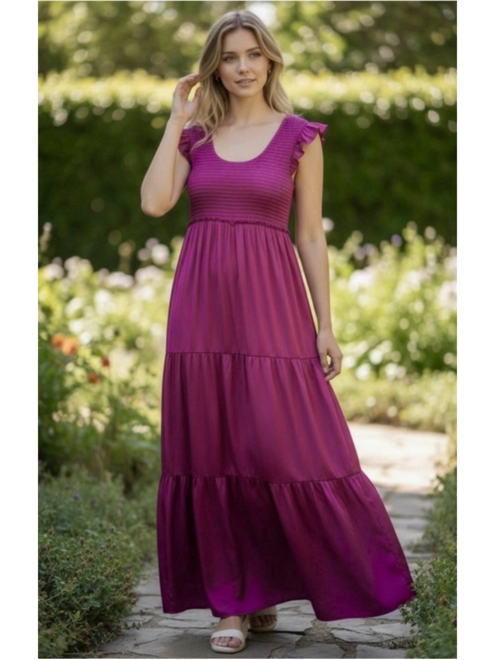 Natural Life Satin Olivia Smocked Ruffled Maxi Dress Large Pink Peasant Boho